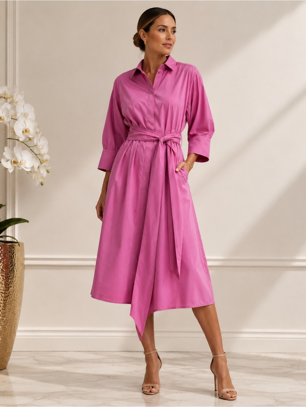 Max Mara Pink 100% Cotton Belted Shirt Dress, EU 46 / US 16